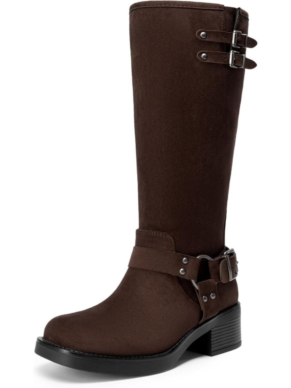 Dream Pairs Women's Dark Brown Moto Knee High Low Heel Buckle Side ZIP Boots